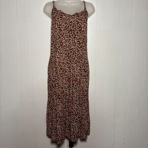 Natural Life Rust Floral Daisy Midi Dress Sz Medium Tiered Rayon Boho Pockets